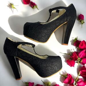 Black Lace T-Strap Block Heel Mary Jane High Heels Women's Size 5.5